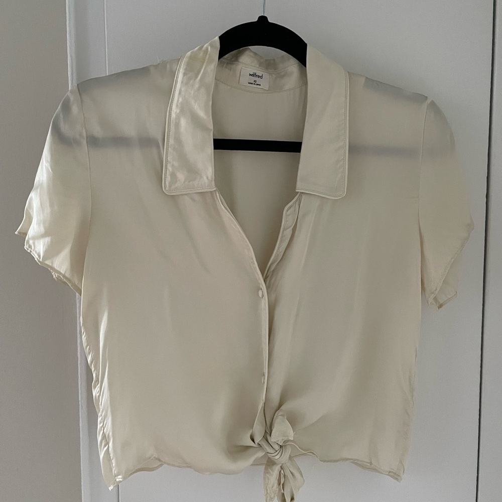 SOLD FB 🌸 - Wilfred Ivory Satin Tie-Front Blouse